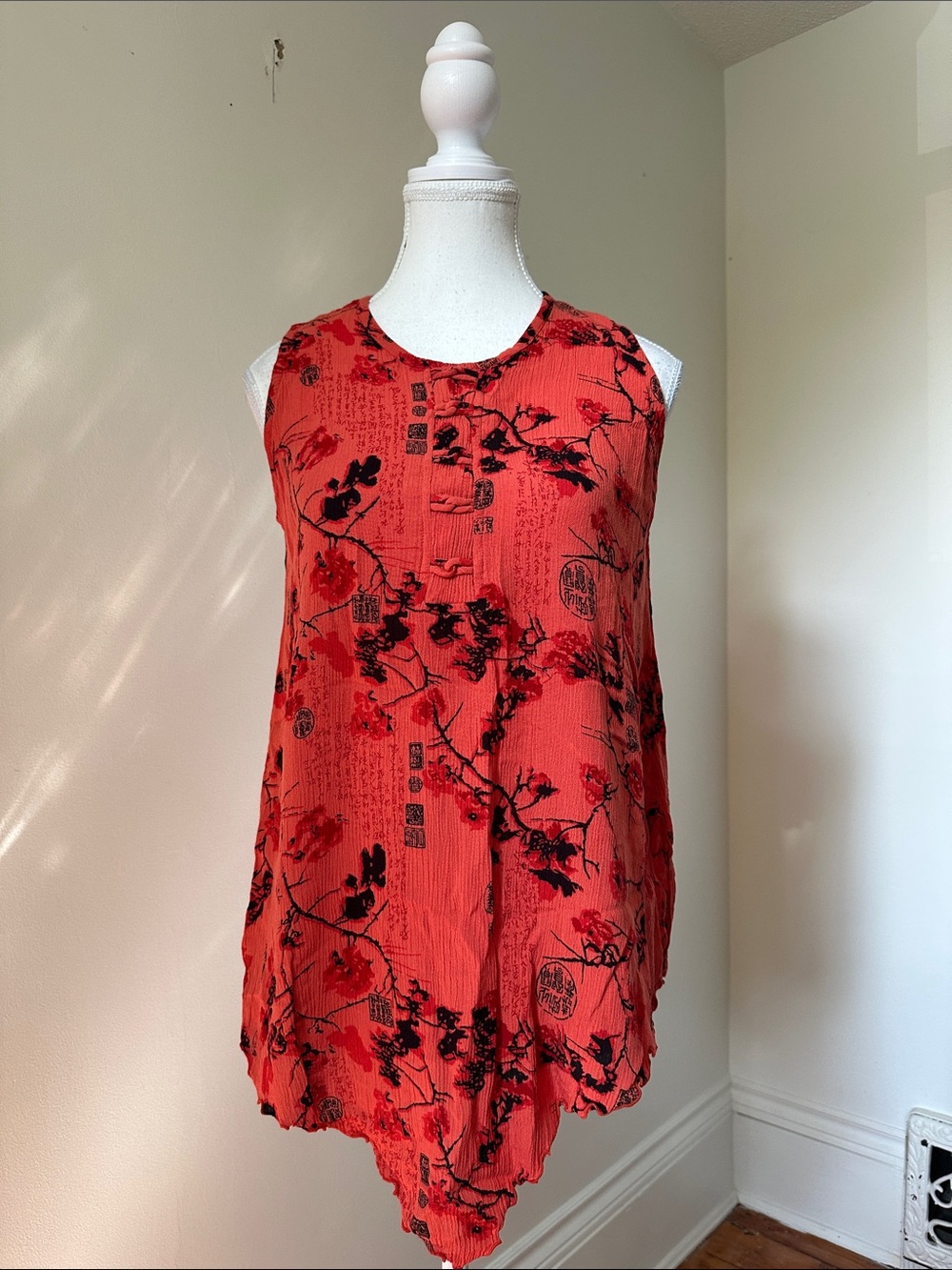 SERENDIPITY Pink Asian Script Floral Blossom Summer Lettuce Hem Tank Top XS
